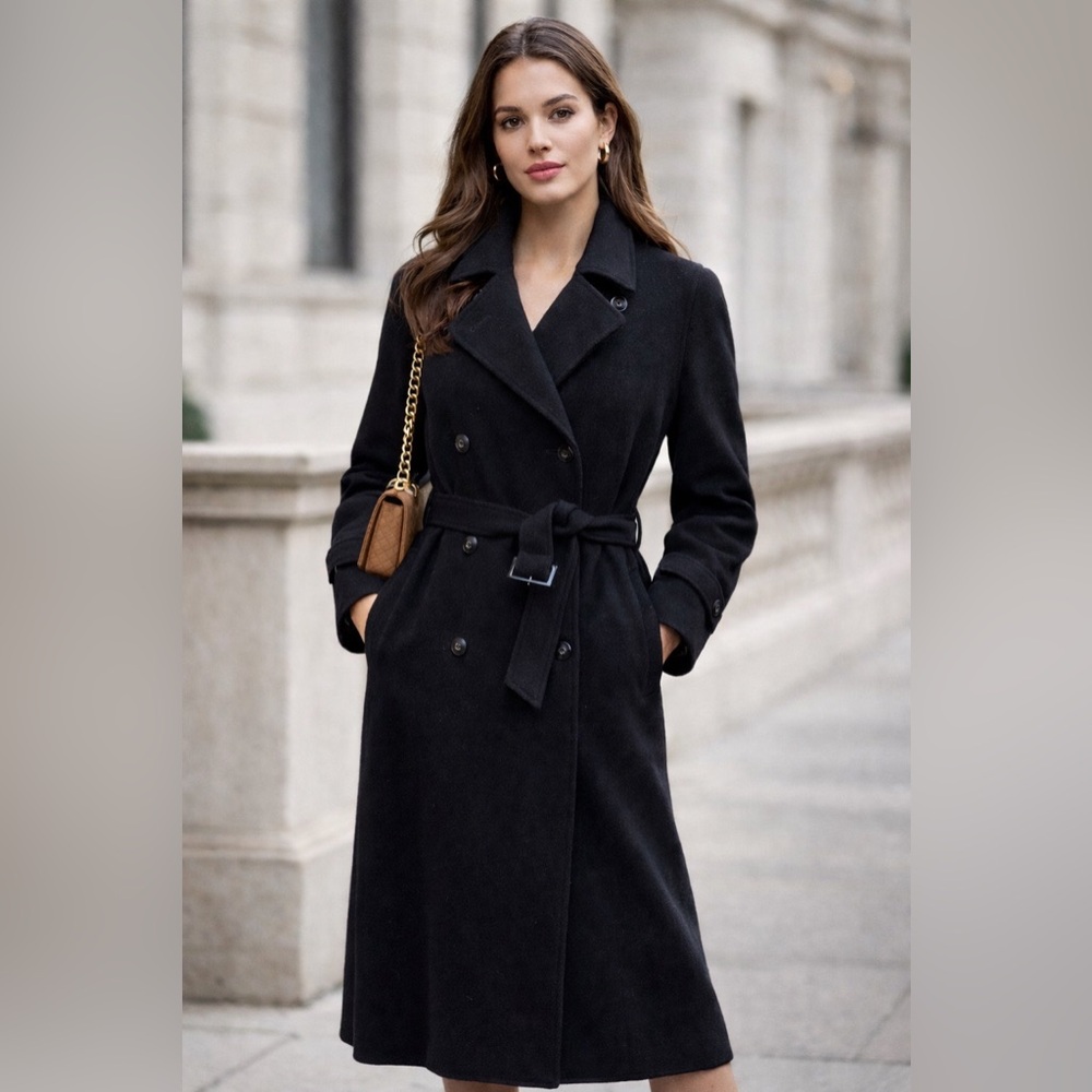 European Vintage Wool Trench Coat – Graphite Black, Long & Belted (90s)
